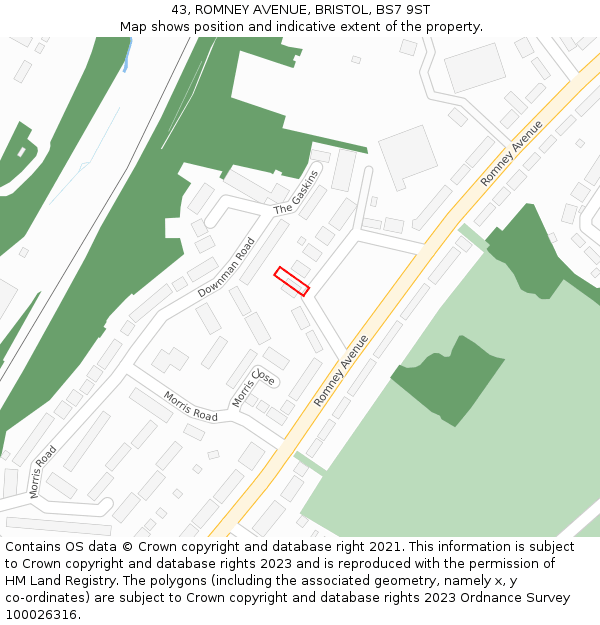 43, ROMNEY AVENUE, BRISTOL, BS7 9ST: Location map and indicative extent of plot