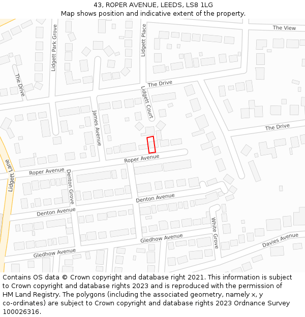 43, ROPER AVENUE, LEEDS, LS8 1LG: Location map and indicative extent of plot