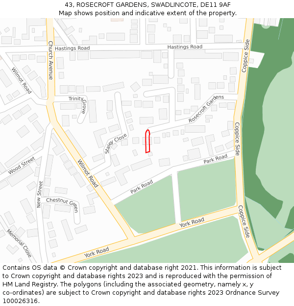 43, ROSECROFT GARDENS, SWADLINCOTE, DE11 9AF: Location map and indicative extent of plot