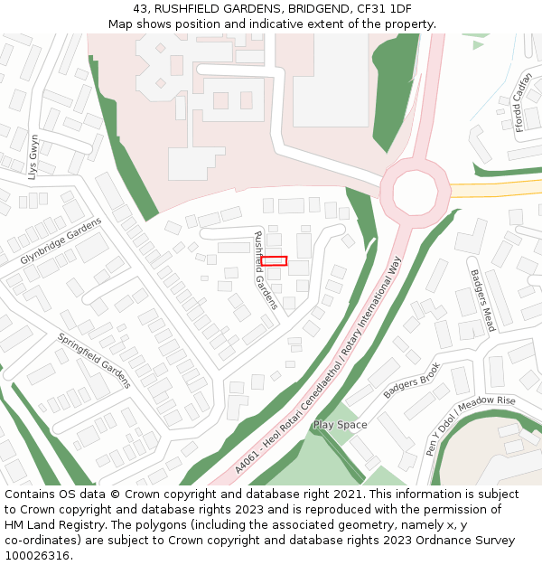 43, RUSHFIELD GARDENS, BRIDGEND, CF31 1DF: Location map and indicative extent of plot