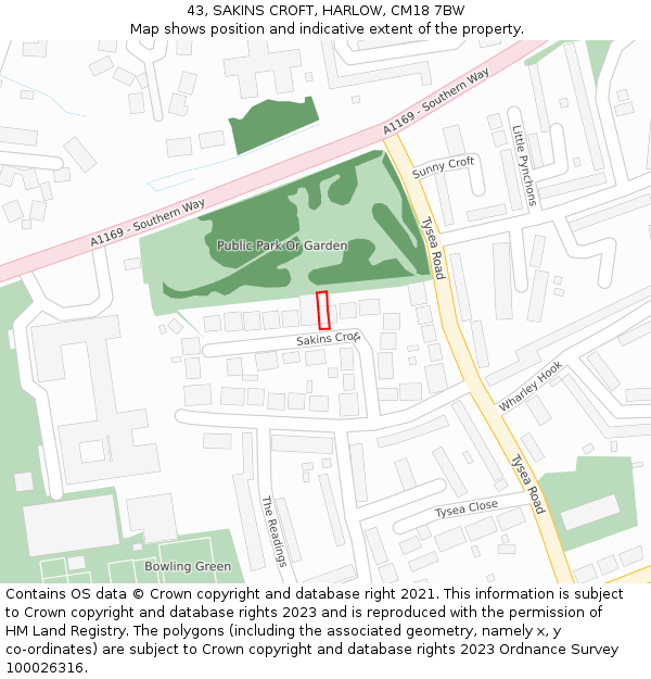 43, SAKINS CROFT, HARLOW, CM18 7BW: Location map and indicative extent of plot