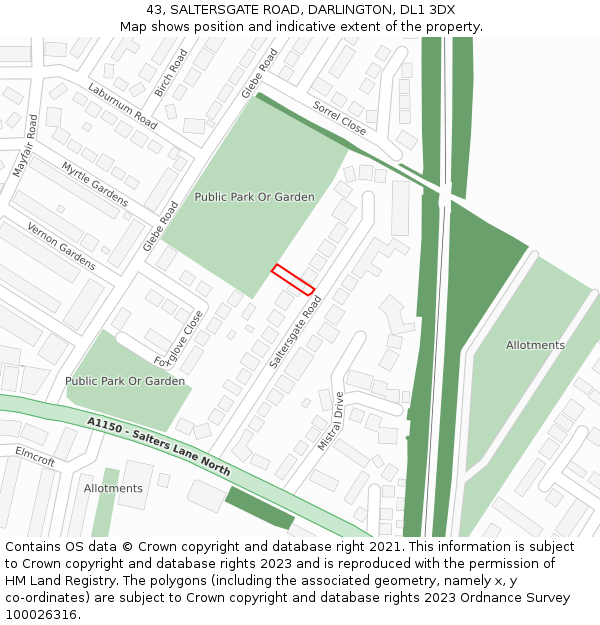43, SALTERSGATE ROAD, DARLINGTON, DL1 3DX: Location map and indicative extent of plot