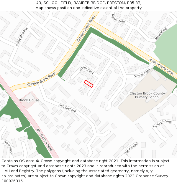 43, SCHOOL FIELD, BAMBER BRIDGE, PRESTON, PR5 8BJ: Location map and indicative extent of plot
