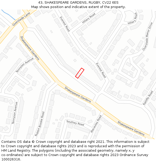 43, SHAKESPEARE GARDENS, RUGBY, CV22 6ES: Location map and indicative extent of plot