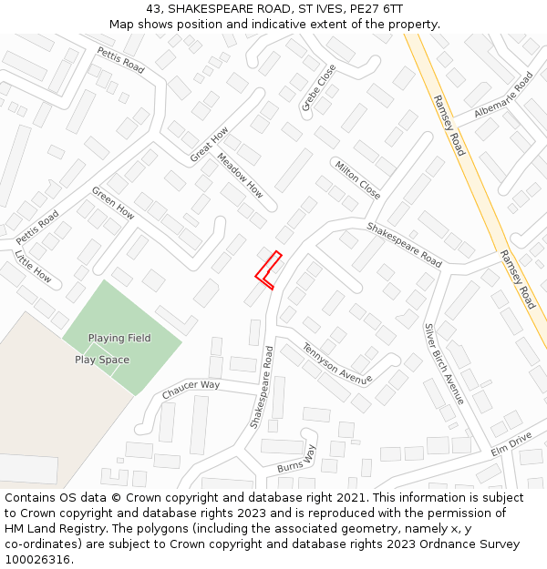 43, SHAKESPEARE ROAD, ST IVES, PE27 6TT: Location map and indicative extent of plot