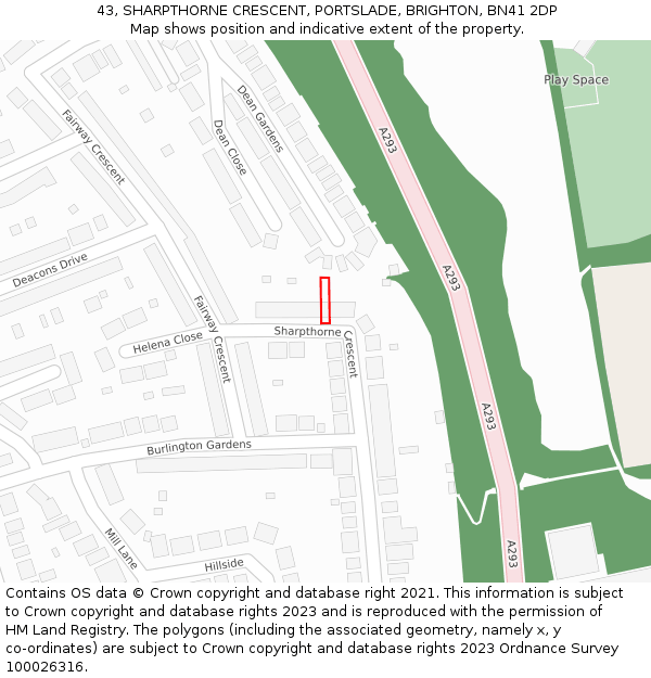 43, SHARPTHORNE CRESCENT, PORTSLADE, BRIGHTON, BN41 2DP: Location map and indicative extent of plot