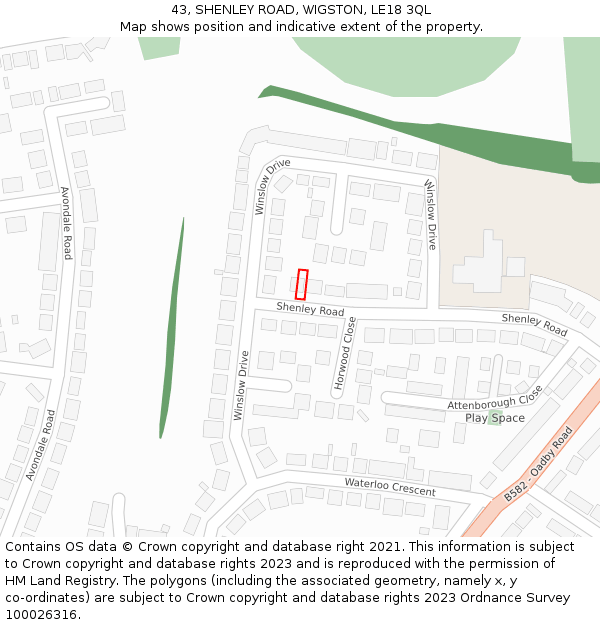43, SHENLEY ROAD, WIGSTON, LE18 3QL: Location map and indicative extent of plot