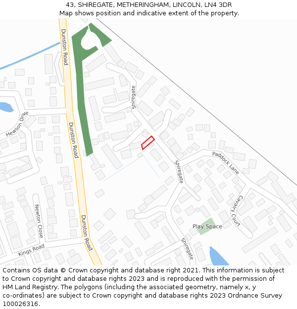 43, SHIREGATE, METHERINGHAM, LINCOLN, LN4 3DR: Location map and indicative extent of plot