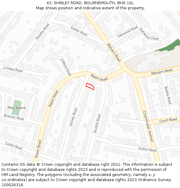 43, SHIRLEY ROAD, BOURNEMOUTH, BH9 1SL: Location map and indicative extent of plot