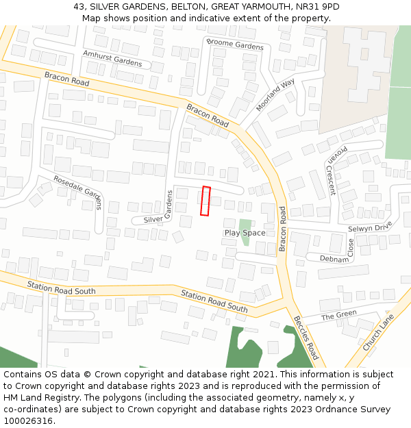 43, SILVER GARDENS, BELTON, GREAT YARMOUTH, NR31 9PD: Location map and indicative extent of plot