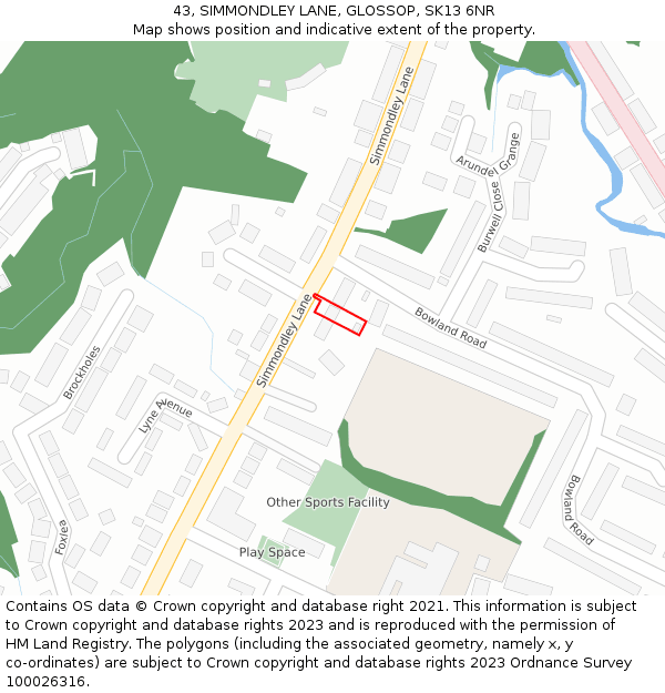 43, SIMMONDLEY LANE, GLOSSOP, SK13 6NR: Location map and indicative extent of plot