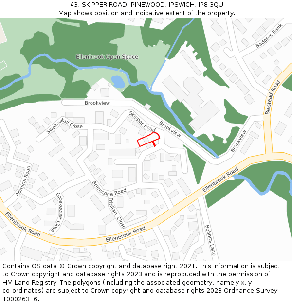 43, SKIPPER ROAD, PINEWOOD, IPSWICH, IP8 3QU: Location map and indicative extent of plot