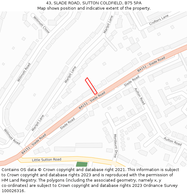 43, SLADE ROAD, SUTTON COLDFIELD, B75 5PA: Location map and indicative extent of plot
