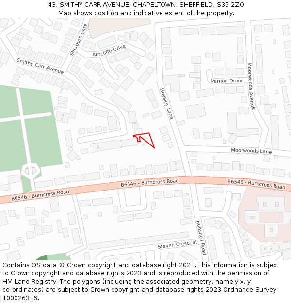 43, SMITHY CARR AVENUE, CHAPELTOWN, SHEFFIELD, S35 2ZQ: Location map and indicative extent of plot