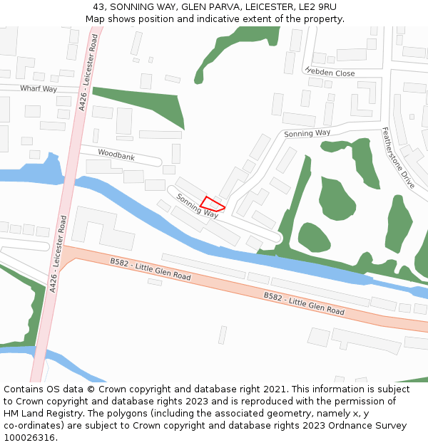 43, SONNING WAY, GLEN PARVA, LEICESTER, LE2 9RU: Location map and indicative extent of plot