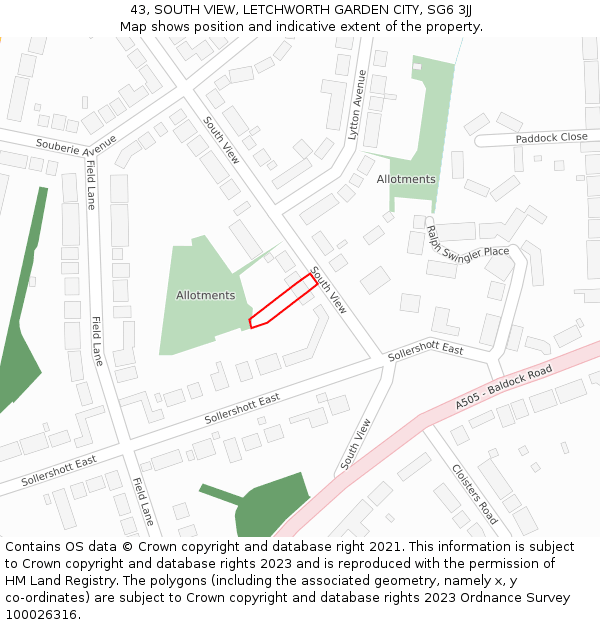 43, SOUTH VIEW, LETCHWORTH GARDEN CITY, SG6 3JJ: Location map and indicative extent of plot