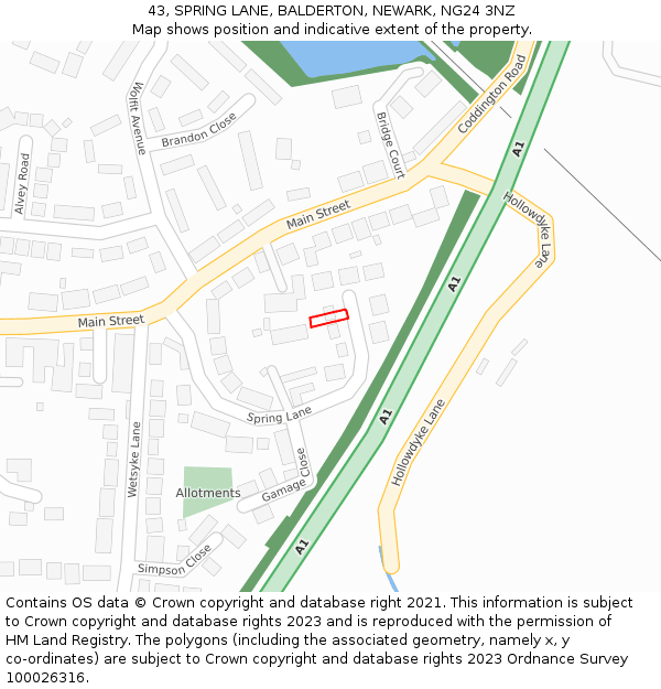 43, SPRING LANE, BALDERTON, NEWARK, NG24 3NZ: Location map and indicative extent of plot