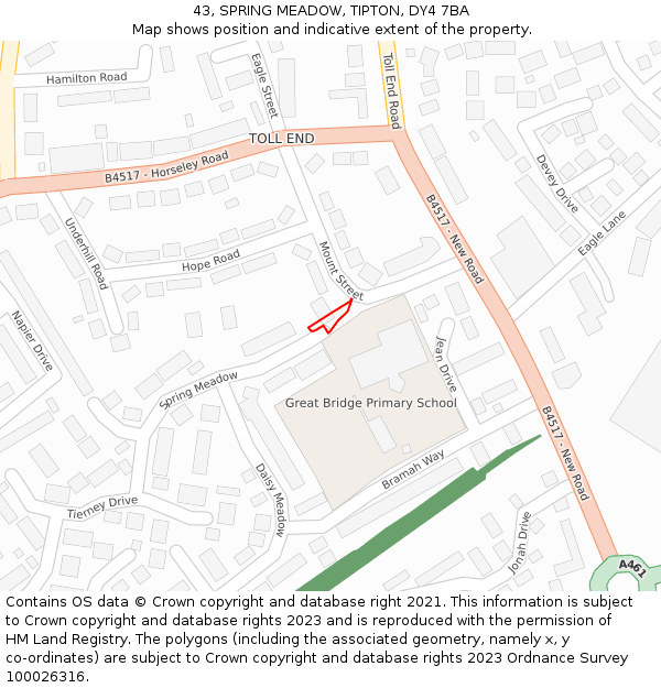 43, SPRING MEADOW, TIPTON, DY4 7BA: Location map and indicative extent of plot