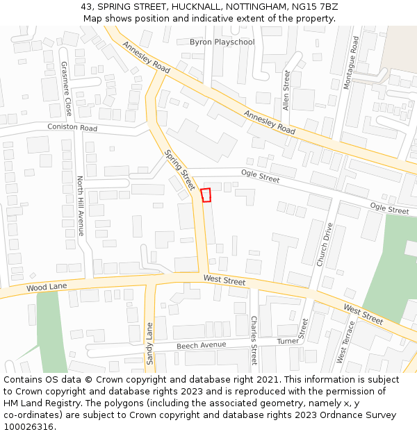 43, SPRING STREET, HUCKNALL, NOTTINGHAM, NG15 7BZ: Location map and indicative extent of plot
