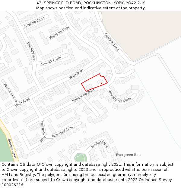 43, SPRINGFIELD ROAD, POCKLINGTON, YORK, YO42 2UY: Location map and indicative extent of plot