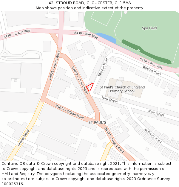 43, STROUD ROAD, GLOUCESTER, GL1 5AA: Location map and indicative extent of plot