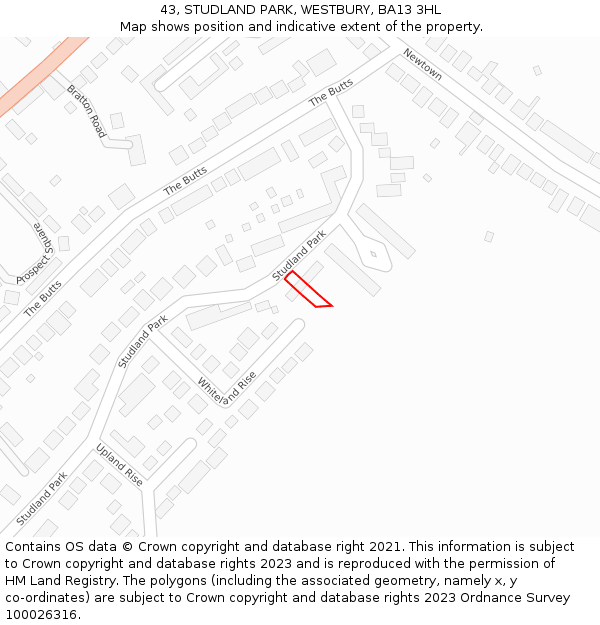 43, STUDLAND PARK, WESTBURY, BA13 3HL: Location map and indicative extent of plot