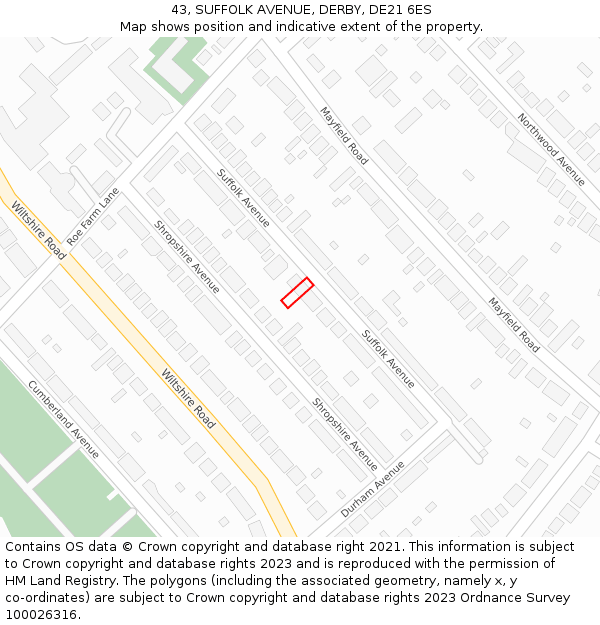 43, SUFFOLK AVENUE, DERBY, DE21 6ES: Location map and indicative extent of plot