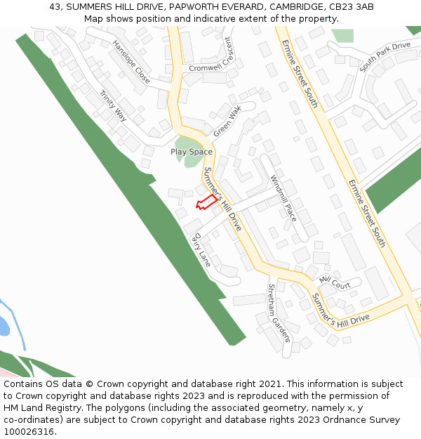 43, SUMMERS HILL DRIVE, PAPWORTH EVERARD, CAMBRIDGE, CB23 3AB: Location map and indicative extent of plot