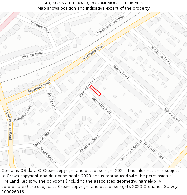 43, SUNNYHILL ROAD, BOURNEMOUTH, BH6 5HR: Location map and indicative extent of plot