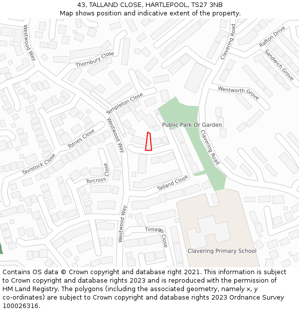 43, TALLAND CLOSE, HARTLEPOOL, TS27 3NB: Location map and indicative extent of plot