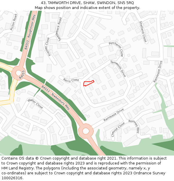 43, TAMWORTH DRIVE, SHAW, SWINDON, SN5 5RQ: Location map and indicative extent of plot