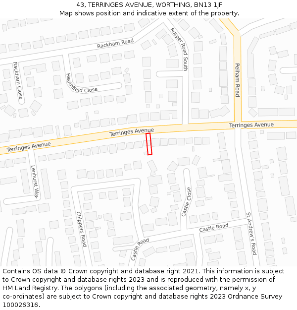 43, TERRINGES AVENUE, WORTHING, BN13 1JF: Location map and indicative extent of plot