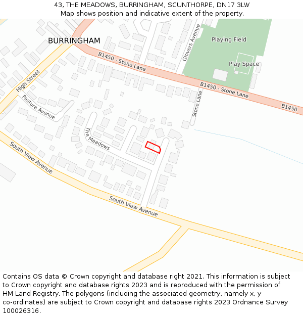 43, THE MEADOWS, BURRINGHAM, SCUNTHORPE, DN17 3LW: Location map and indicative extent of plot