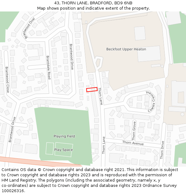 43, THORN LANE, BRADFORD, BD9 6NB: Location map and indicative extent of plot
