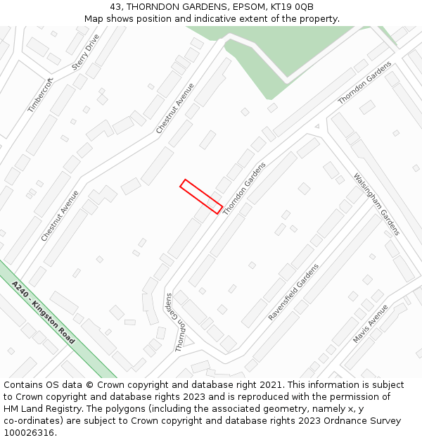 43, THORNDON GARDENS, EPSOM, KT19 0QB: Location map and indicative extent of plot