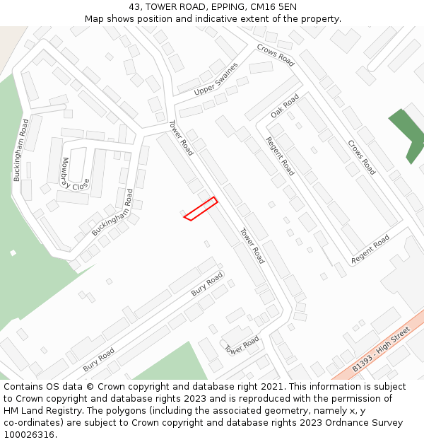 43, TOWER ROAD, EPPING, CM16 5EN: Location map and indicative extent of plot