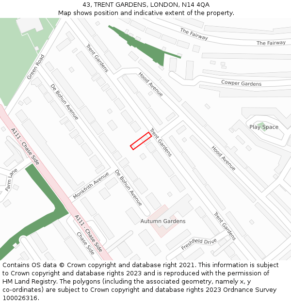 43, TRENT GARDENS, LONDON, N14 4QA: Location map and indicative extent of plot
