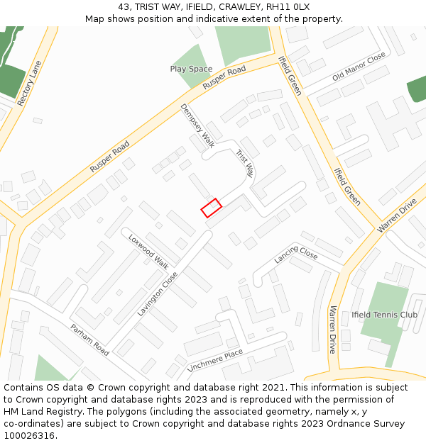 43, TRIST WAY, IFIELD, CRAWLEY, RH11 0LX: Location map and indicative extent of plot