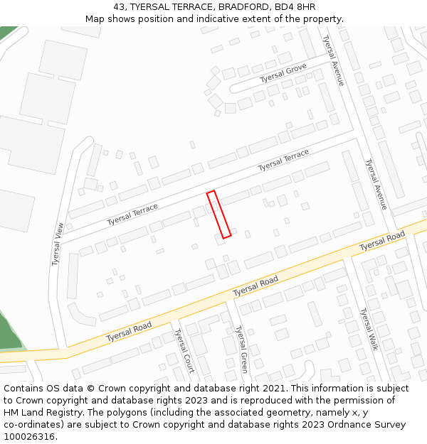 43, TYERSAL TERRACE, BRADFORD, BD4 8HR: Location map and indicative extent of plot