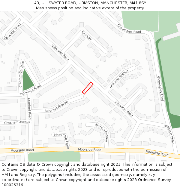 43, ULLSWATER ROAD, URMSTON, MANCHESTER, M41 8SY: Location map and indicative extent of plot