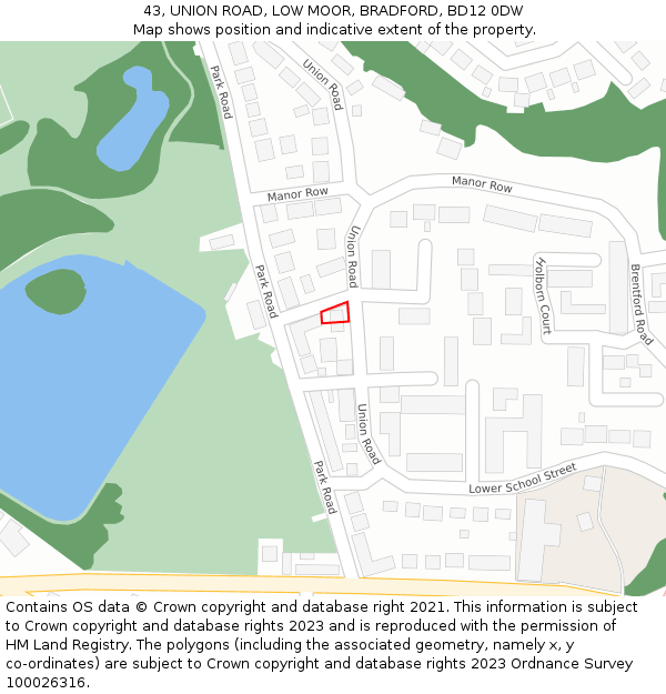 43, UNION ROAD, LOW MOOR, BRADFORD, BD12 0DW: Location map and indicative extent of plot