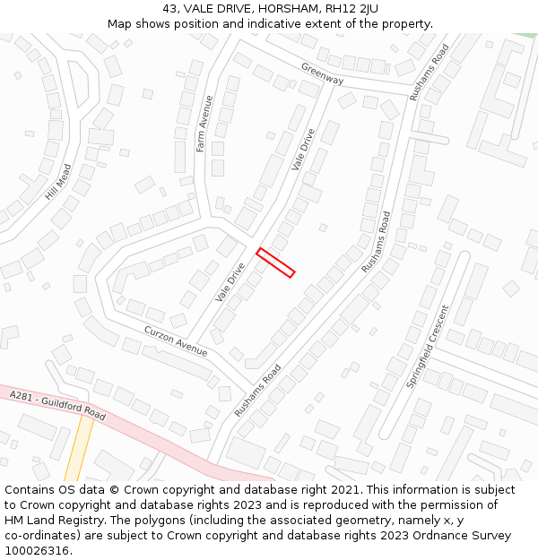 43, VALE DRIVE, HORSHAM, RH12 2JU: Location map and indicative extent of plot