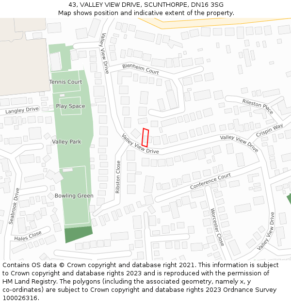 43, VALLEY VIEW DRIVE, SCUNTHORPE, DN16 3SG: Location map and indicative extent of plot