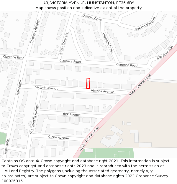 43, VICTORIA AVENUE, HUNSTANTON, PE36 6BY: Location map and indicative extent of plot
