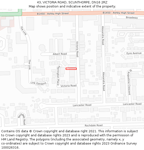 43, VICTORIA ROAD, SCUNTHORPE, DN16 2RZ: Location map and indicative extent of plot