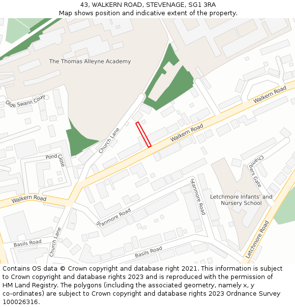 43, WALKERN ROAD, STEVENAGE, SG1 3RA: Location map and indicative extent of plot