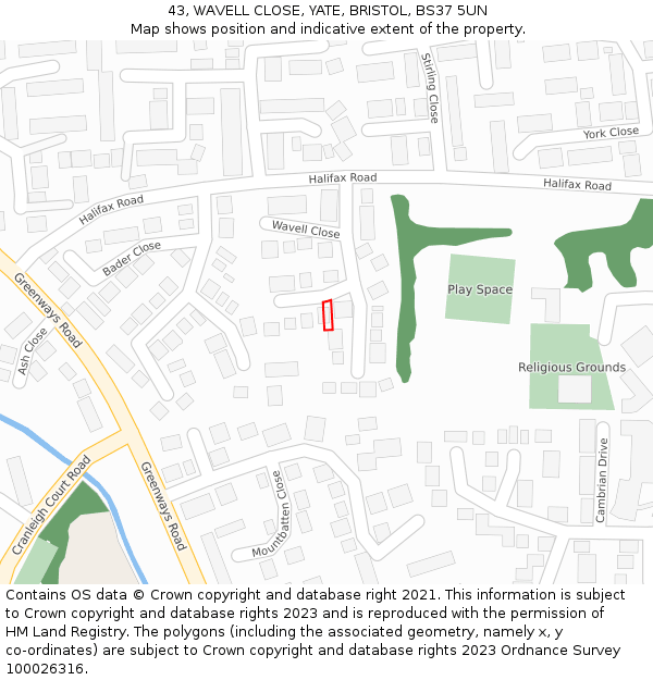 43, WAVELL CLOSE, YATE, BRISTOL, BS37 5UN: Location map and indicative extent of plot