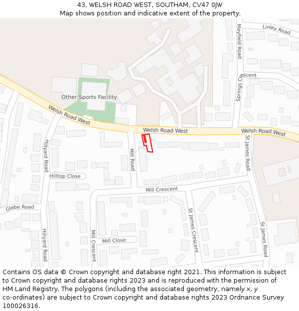 43, WELSH ROAD WEST, SOUTHAM, CV47 0JW: Location map and indicative extent of plot