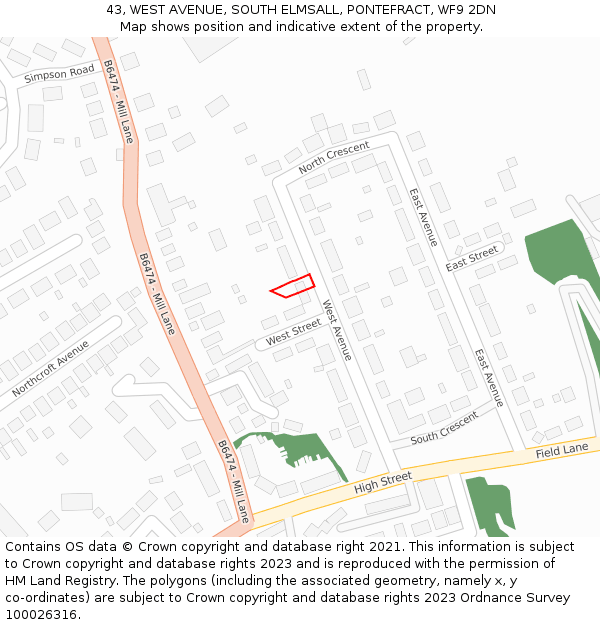 43, WEST AVENUE, SOUTH ELMSALL, PONTEFRACT, WF9 2DN: Location map and indicative extent of plot