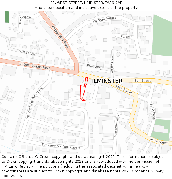 43, WEST STREET, ILMINSTER, TA19 9AB: Location map and indicative extent of plot
